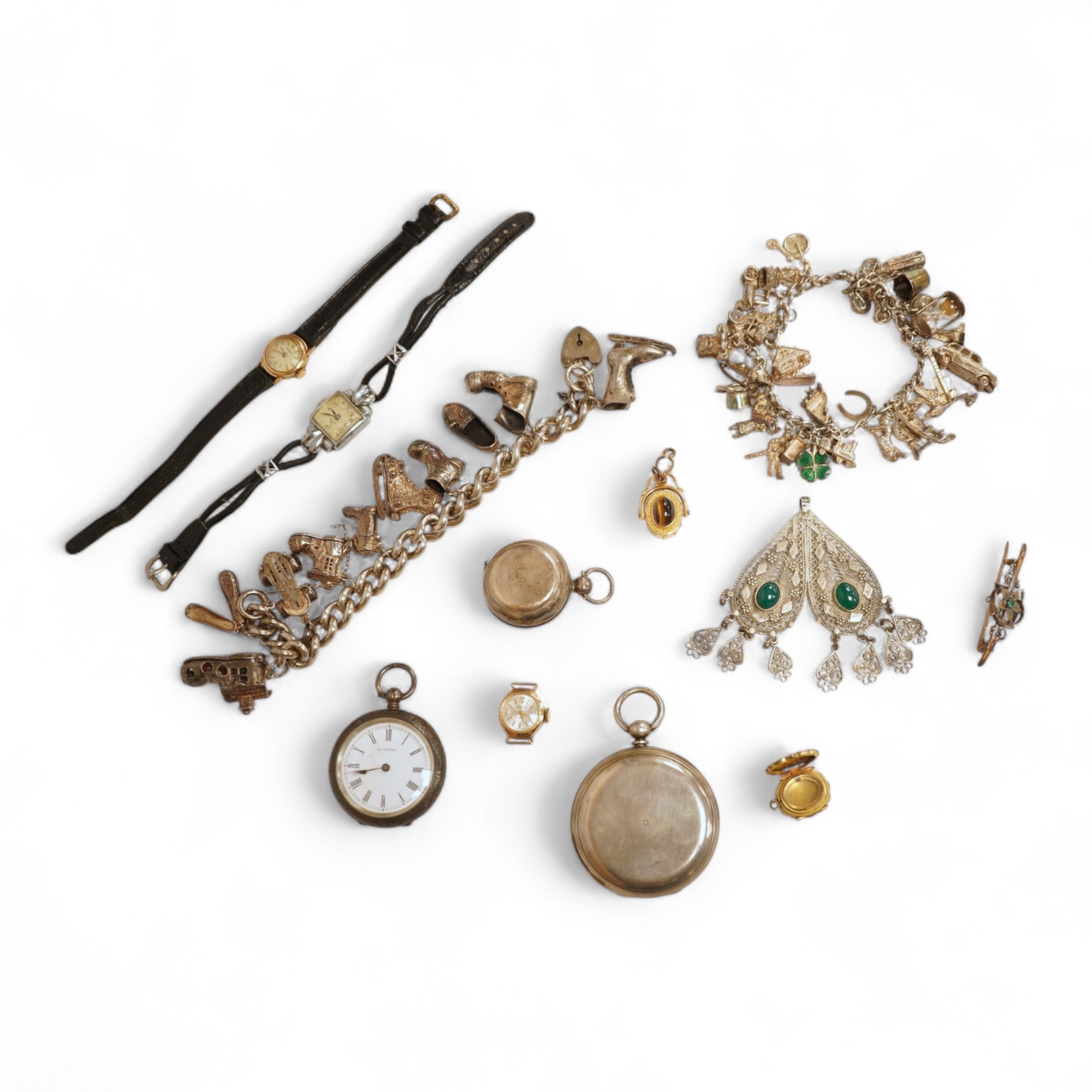 A white metal hunter keywind pocket watch, with Roman dial and subsidiary seconds, two silver charm bracelets and sundry items including jewellery and a silver sovereign case.